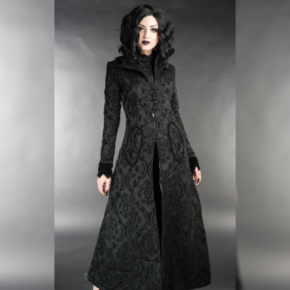 New Brocade Full Length Pocket Frog Clasp Velvet Cuff Coat Black - Picture 1 of 7